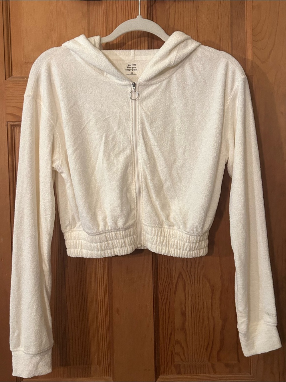 Gilly Hicks Cream White Full-Zip Cropped Hooded Sweatshirt